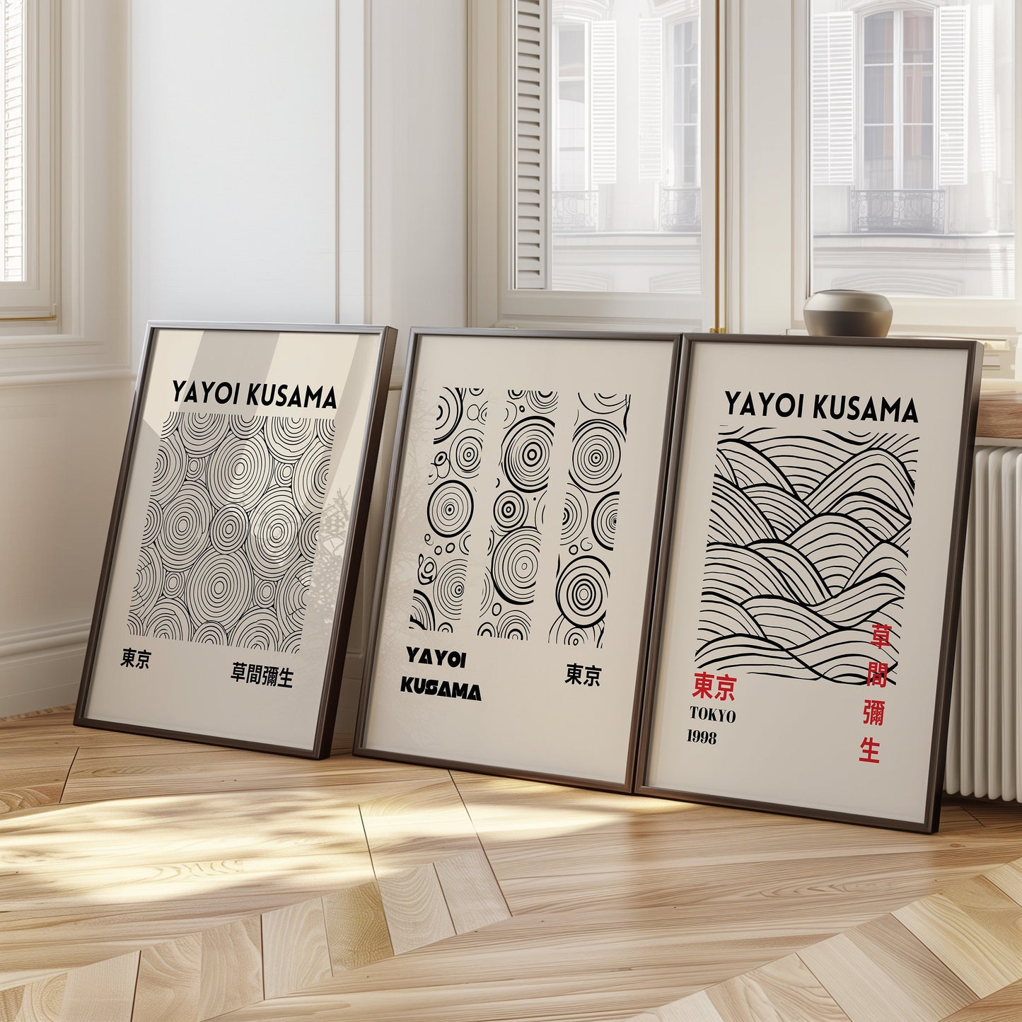 Yayoi Kusama Poster Set, Japanese Modern Art, Red and Black Abstract Prints, Tokyo 1998-2009 Collection, Set of Three Minimalist Posters