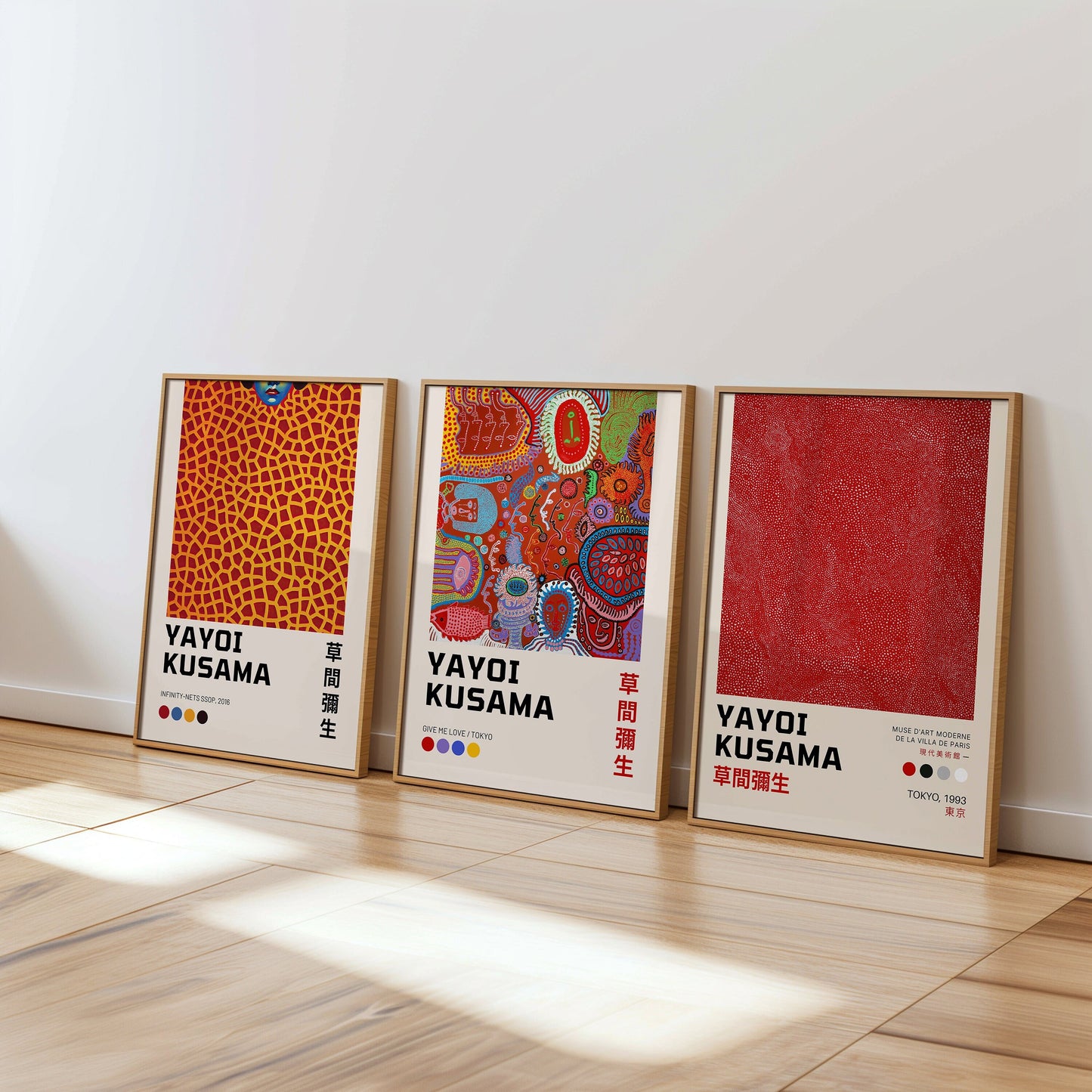 A trio of vibrant Yayoi Kusama posters featuring colorful abstract patterns. The first poster showcases a red textured infinity net design, the second displays the iconic &quot;Give Me Love&quot; with intricate patterns