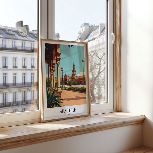 A framed poster of Seville&#39;s Plaza de España showcasing the stunning architecture and beautiful surroundings of one of Spain’s most iconic landmarks.