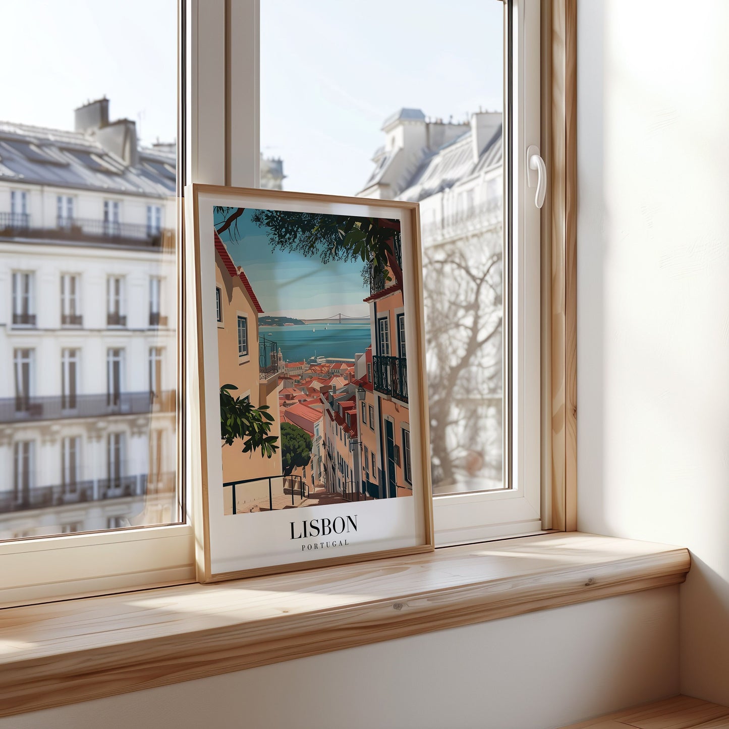 A framed poster featuring the scenic view of Lisbon’s Alfama district, with its charming streets leading to the iconic Tagus River and the famous Ponte 25 de Abril bridge.