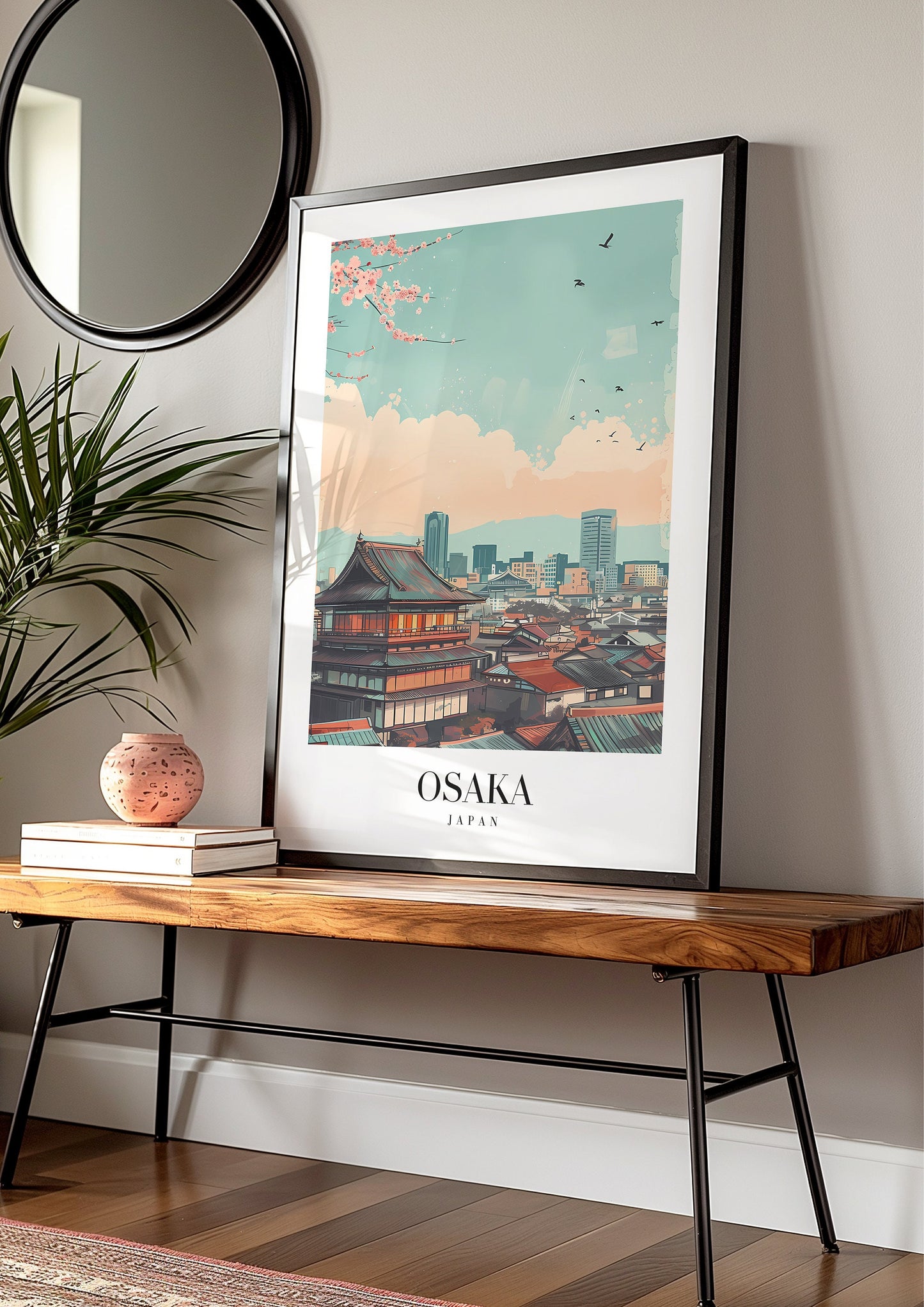 Osaka Poster, Japan Cityscape Wall Art, Japanese Temple Print, Retro Travel Poster, Osaka Skyline Art, Cherry Blossom Decor, Osaka Castle