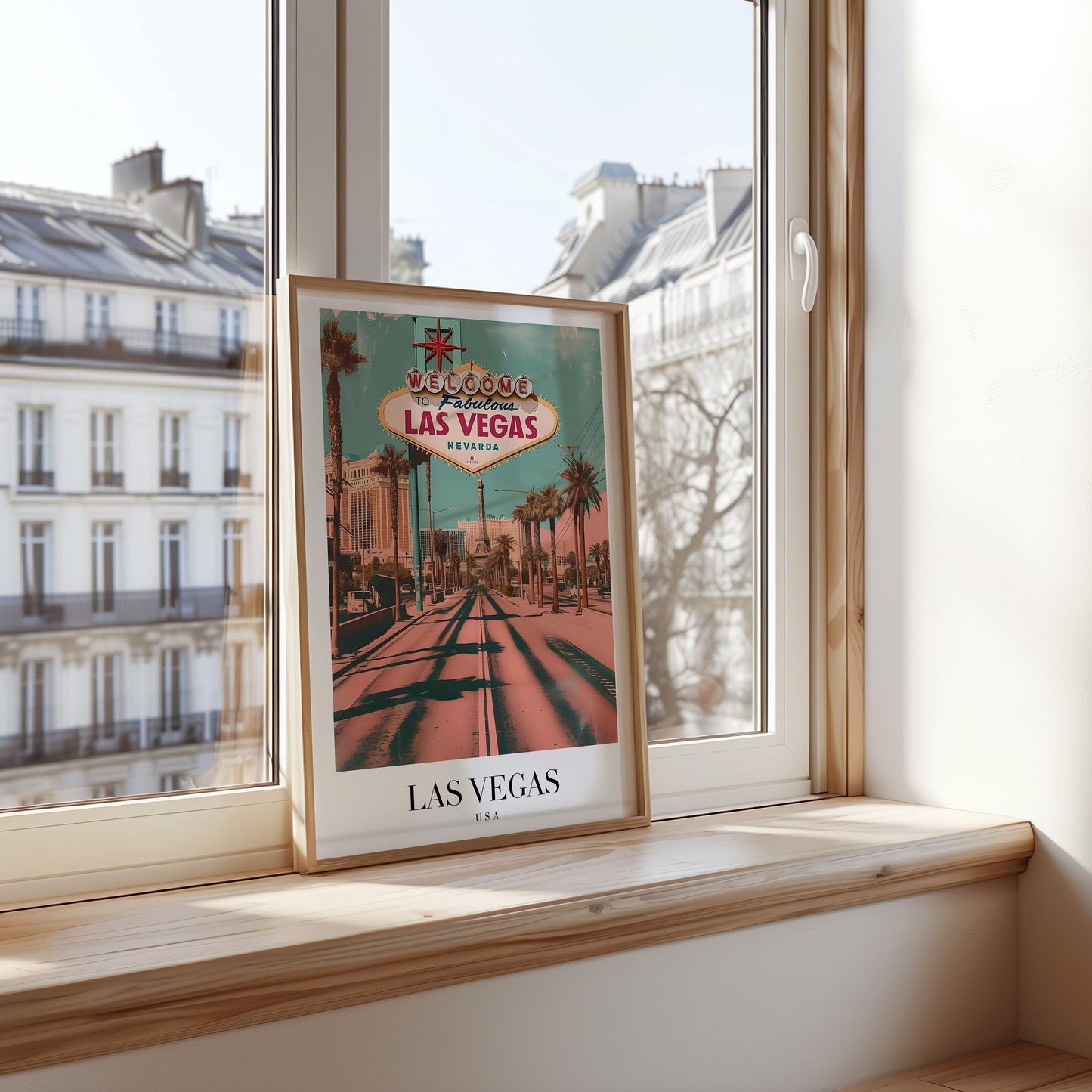 A framed poster showcasing the iconic &quot;Welcome to Fabulous Las Vegas&quot; sign, capturing the essence of the famous Las Vegas Strip with its vibrant colors and palm trees.