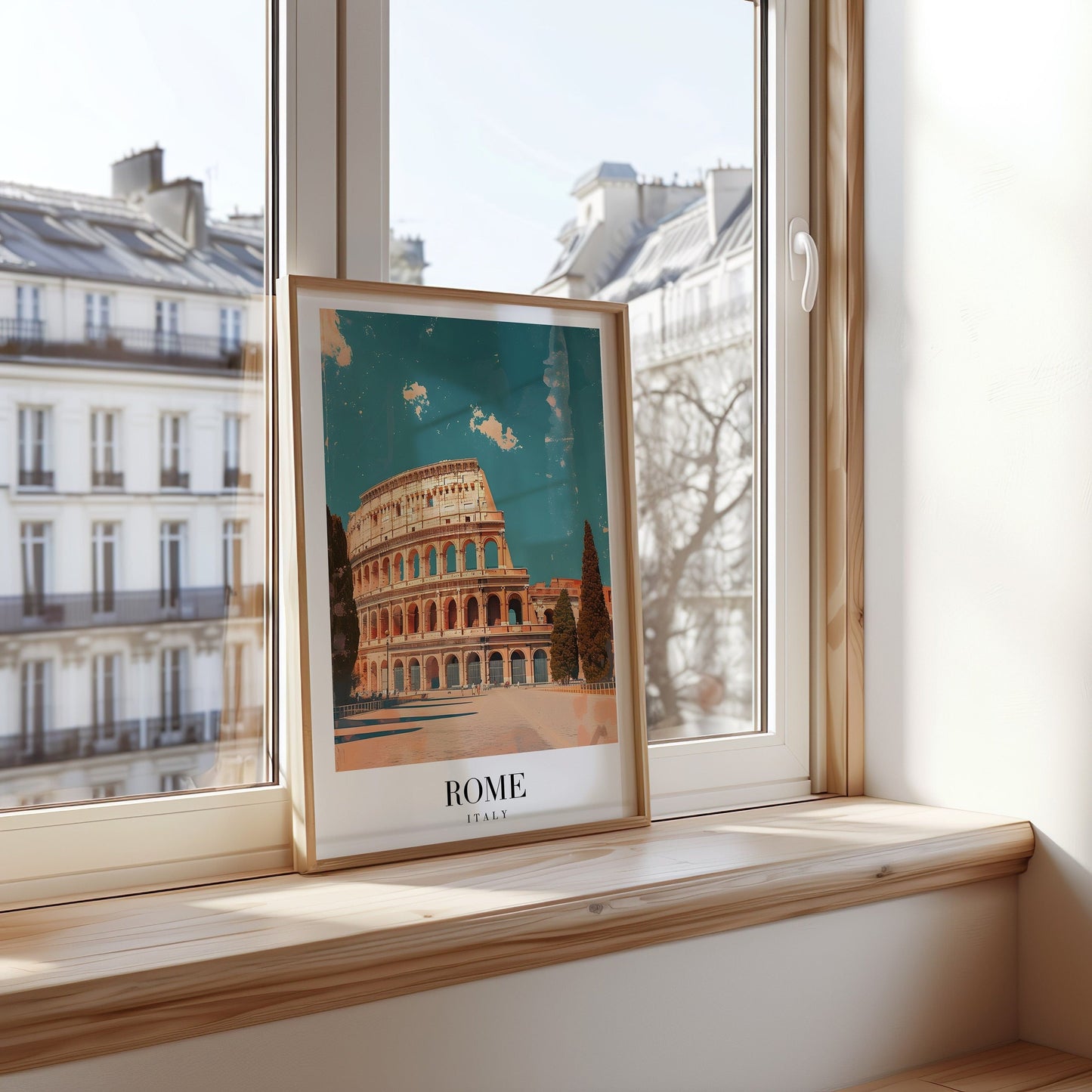 A framed poster of the Colosseum in Rome, featuring the iconic ancient structure bathed in warm sunlight, set against a blue sky.