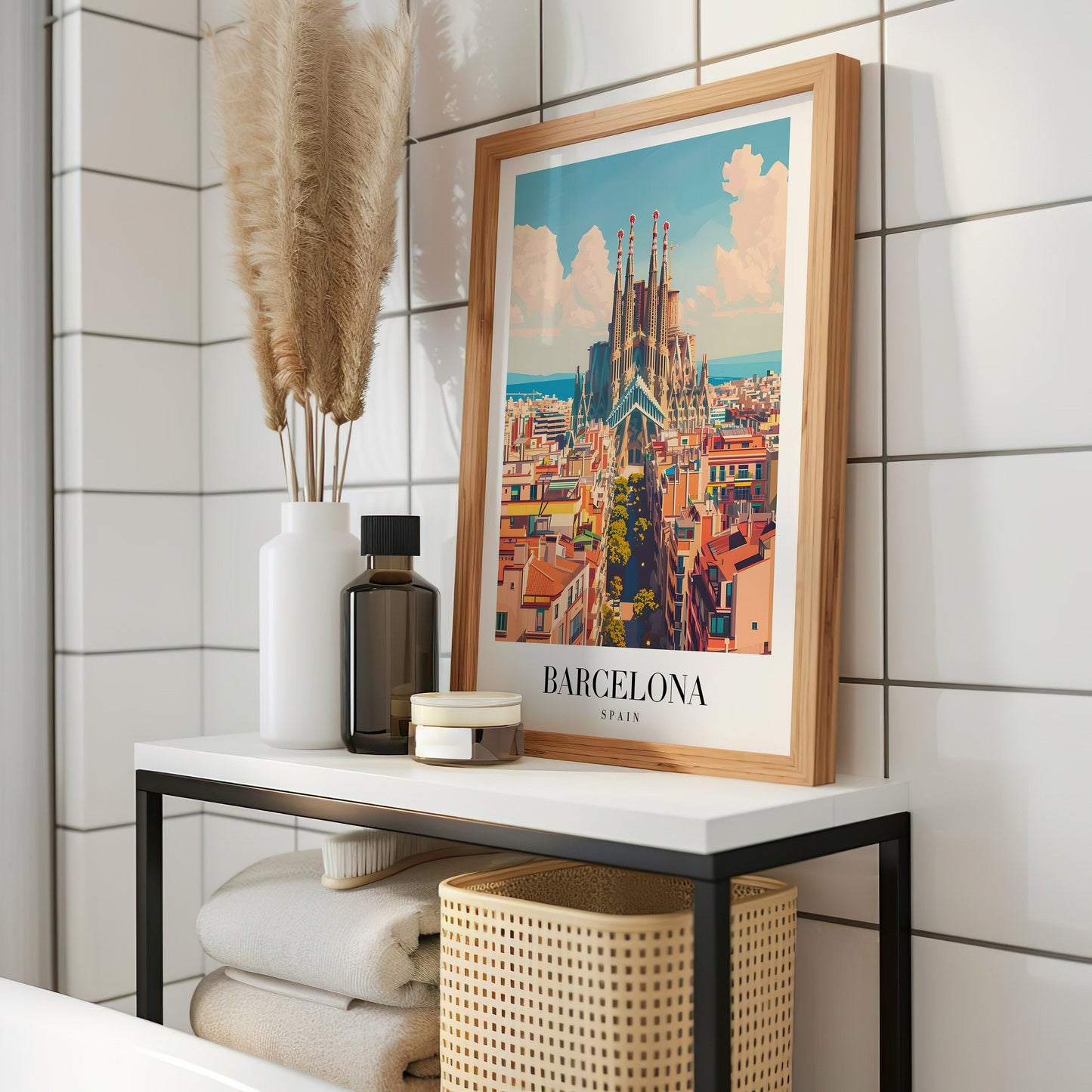 Barcelona Poster, Sagrada Familia Print, Barcelona Cityscape Wall Art, Retro Travel Poster, Spain Architecture Art, Barcelona Landmark Decor