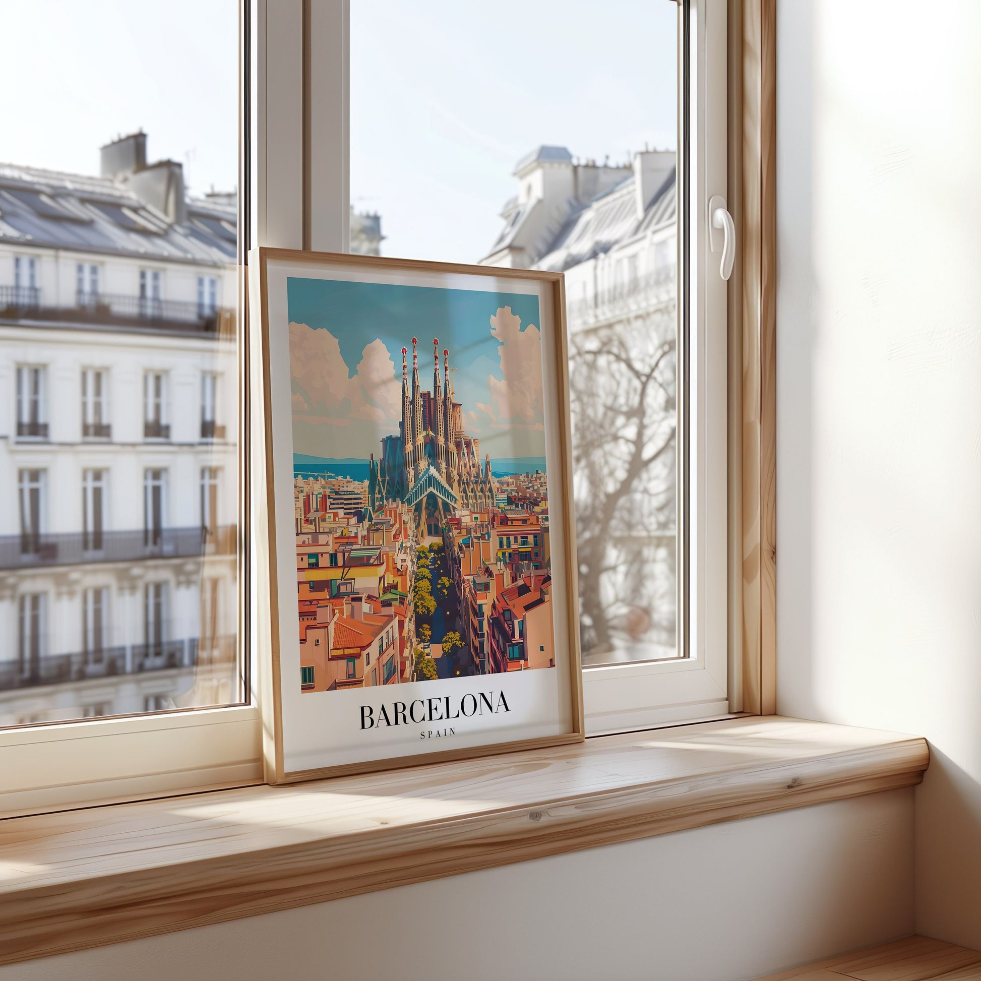 A framed poster depicting the famous Sagrada Familia and the vibrant skyline of Barcelona, Spain, set under a blue Mediterranean sky.