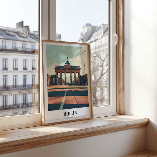 A framed poster of Berlin, featuring the iconic Brandenburg Gate with a modern yet retro artistic style.