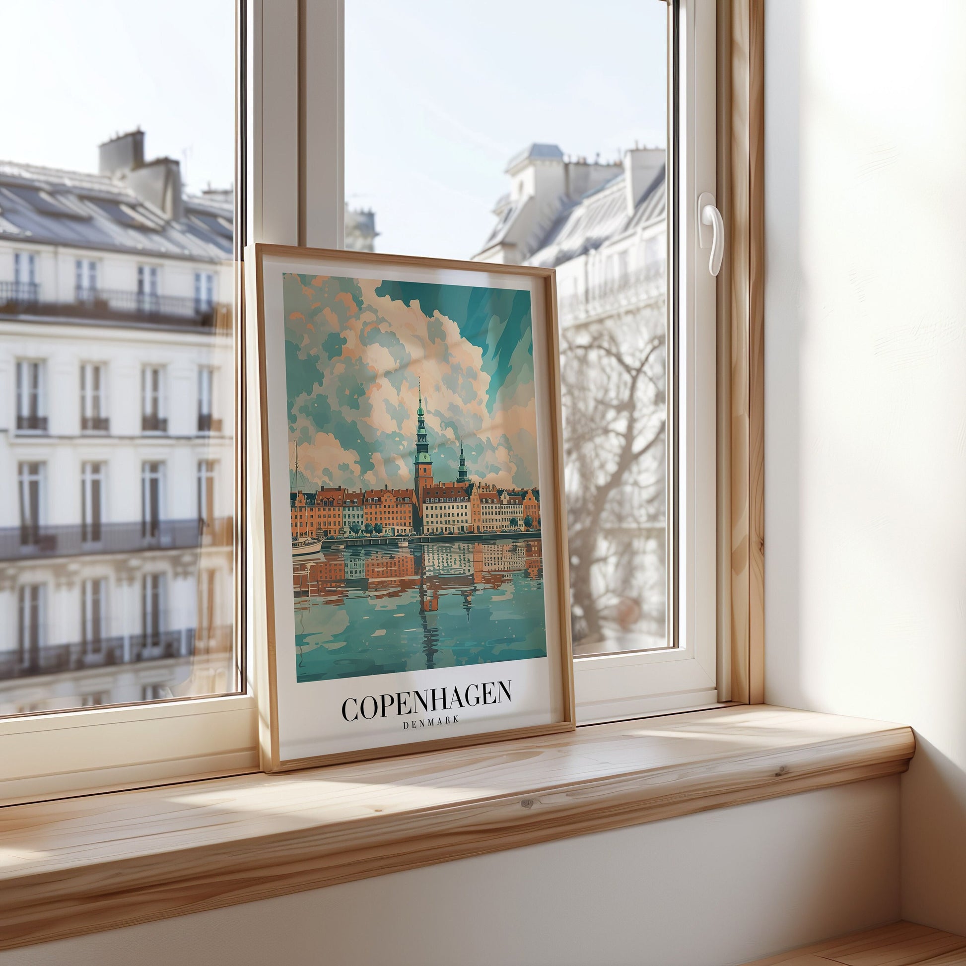 A beautifully framed poster featuring the waterfront architecture of Copenhagen, Denmark, with vibrant reflections in the water and a picturesque sky.