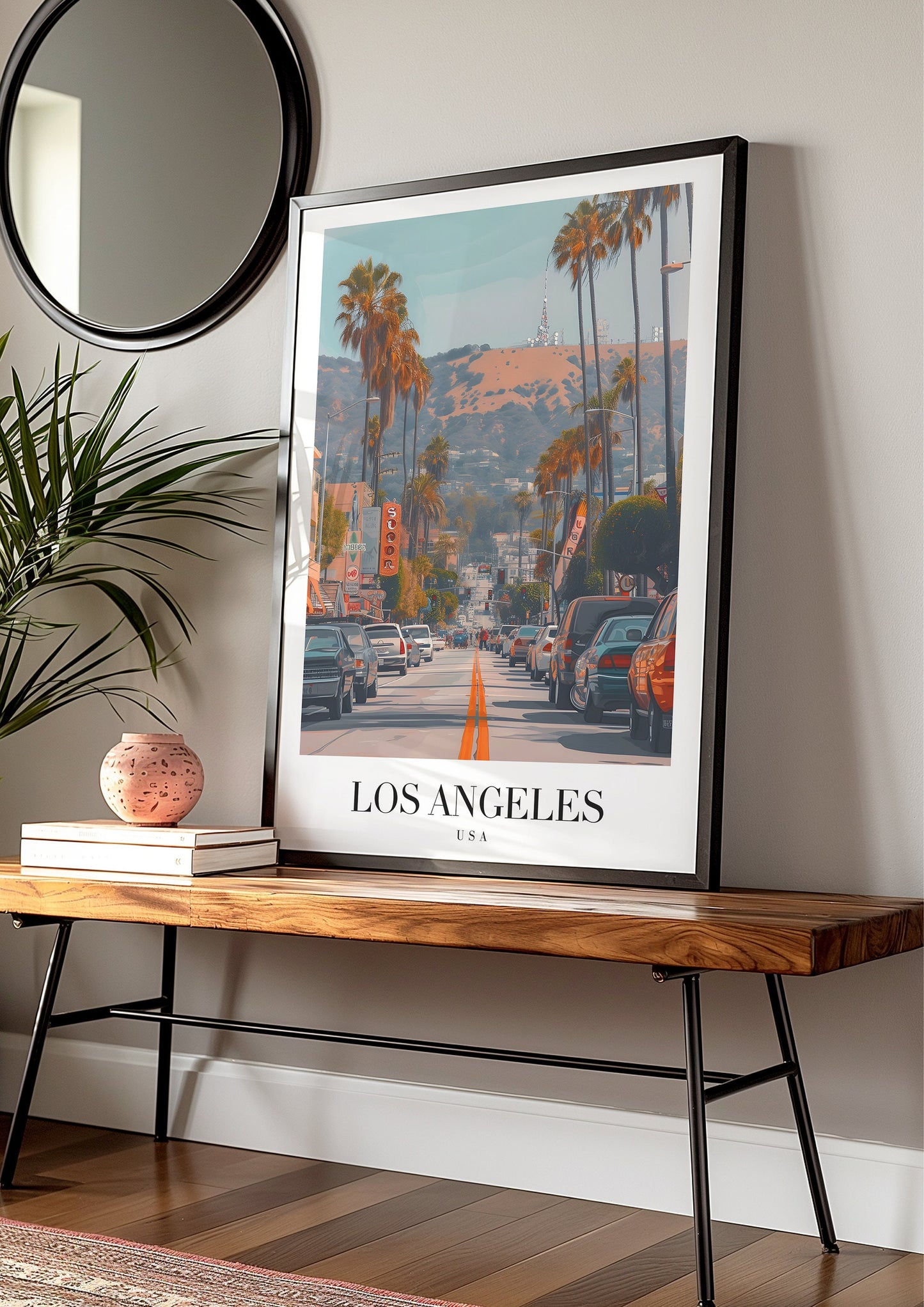 Los Angeles Poster, California Wall Art, Hollywood Hills Print, LA Cityscape Art, Palm Tree Avenue Print, Vintage Travel Poster, Los Angeles