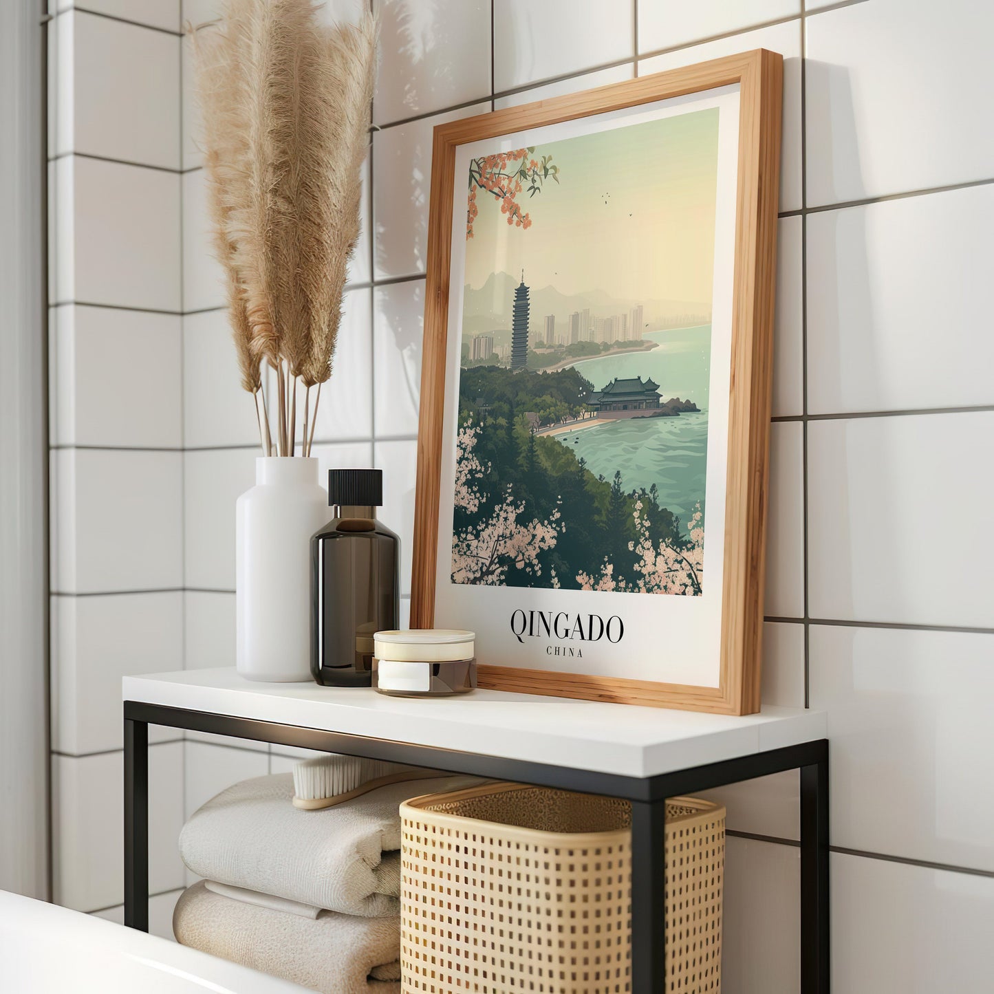 Qingdao Poster, China Coastal City Print, Pagoda and Ocean View Art, Qingdao Skyline Art, Chinese Landscape Wall Art, Asia Travel Poster,