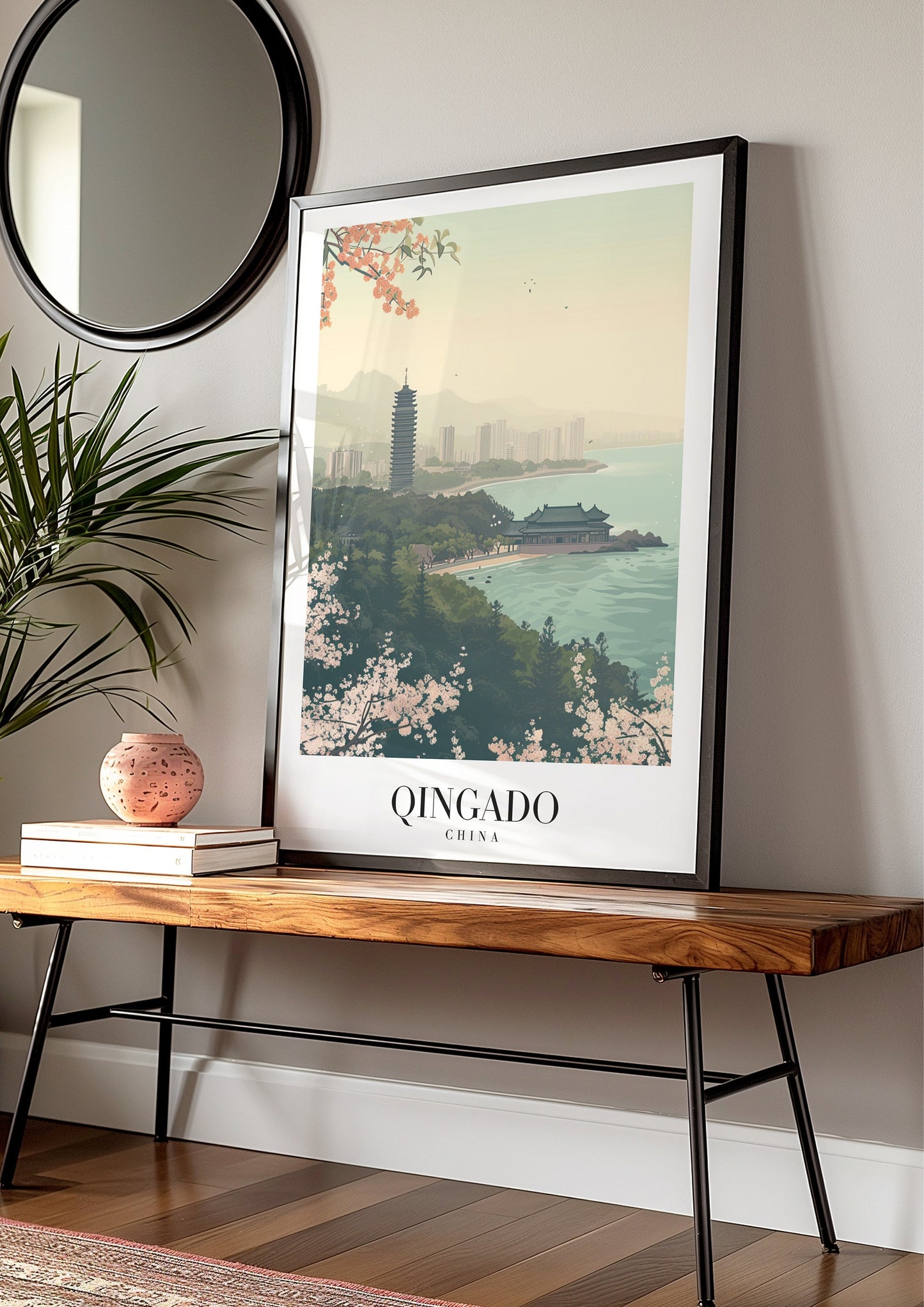 Qingdao Poster, China Coastal City Print, Pagoda and Ocean View Art, Qingdao Skyline Art, Chinese Landscape Wall Art, Asia Travel Poster,
