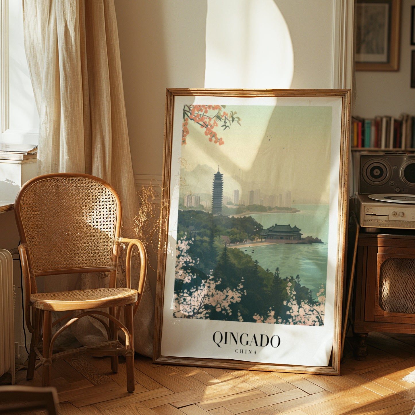 Qingdao Poster, China Coastal City Print, Pagoda and Ocean View Art, Qingdao Skyline Art, Chinese Landscape Wall Art, Asia Travel Poster,