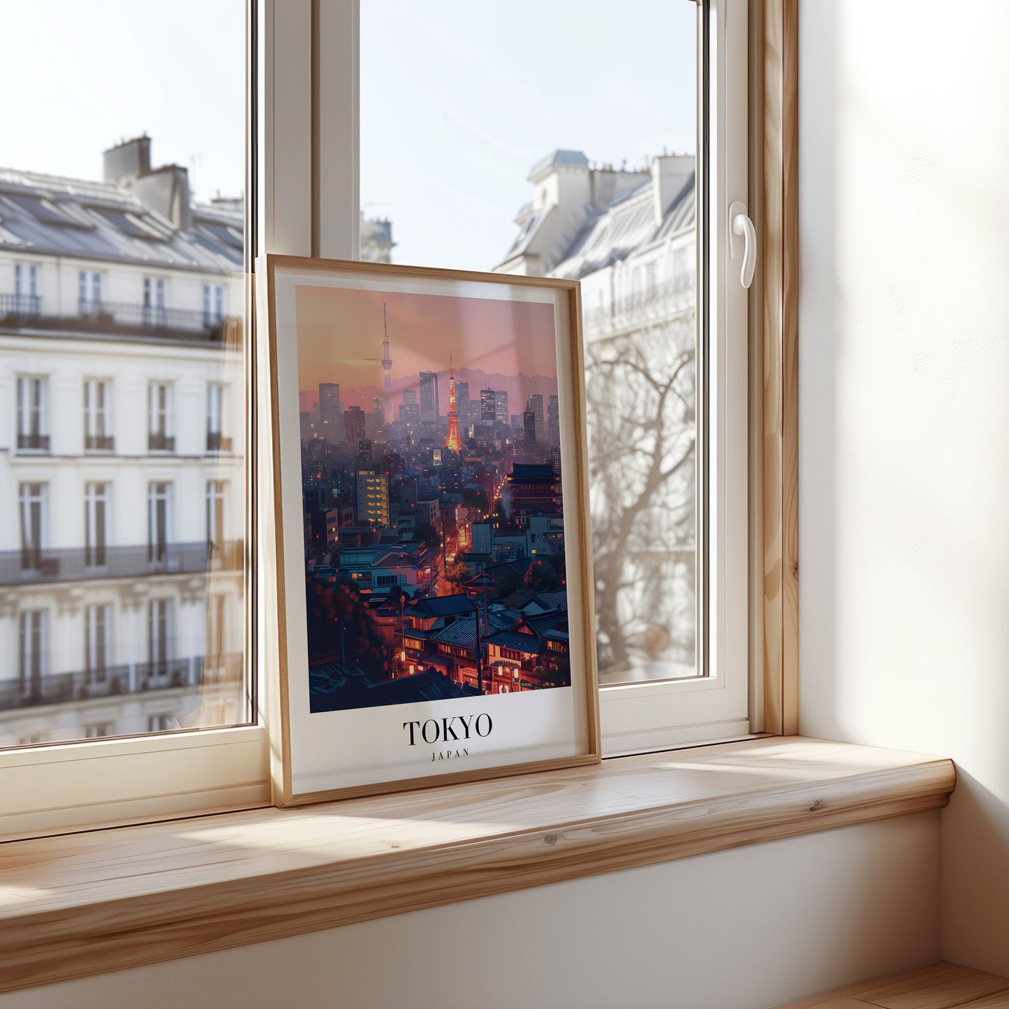 A framed poster of Tokyo at dusk, featuring iconic landmarks like the Tokyo Tower and Skytree, with glowing city lights reflecting the dynamic energy of Japan’s capital.