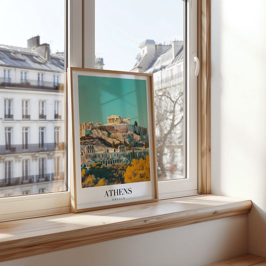 A framed poster of Athens featuring the Acropolis and Parthenon, showcasing the rich historical heritage of Ancient Greece with vibrant colors and majestic architecture.