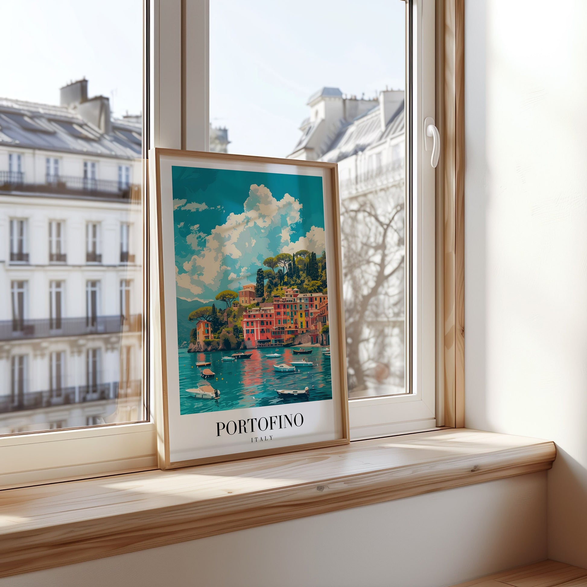 A framed poster of Portofino, Italy, showcasing the vibrant coastal town with colorful buildings and serene waters, perfect for adding Mediterranean charm to any space.