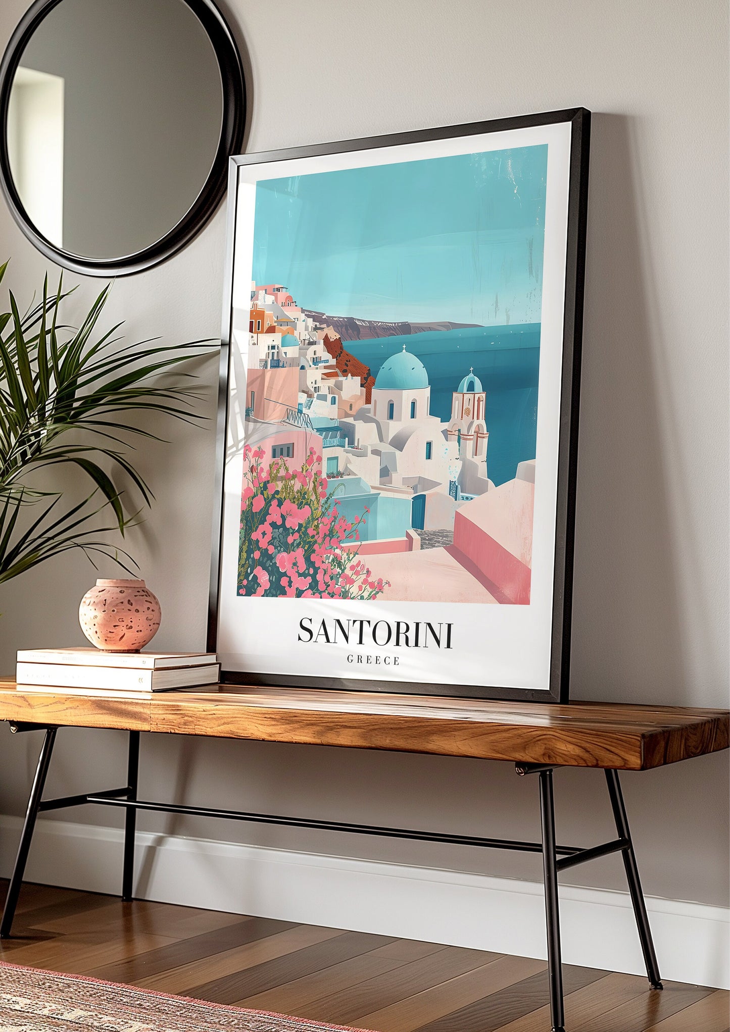 Santorini Greece Poster, Oia Village Wall Art, Greek Island Print, Santorini Travel Poster, Mediterranean Decor,Blue Domes Art, Greek Poster