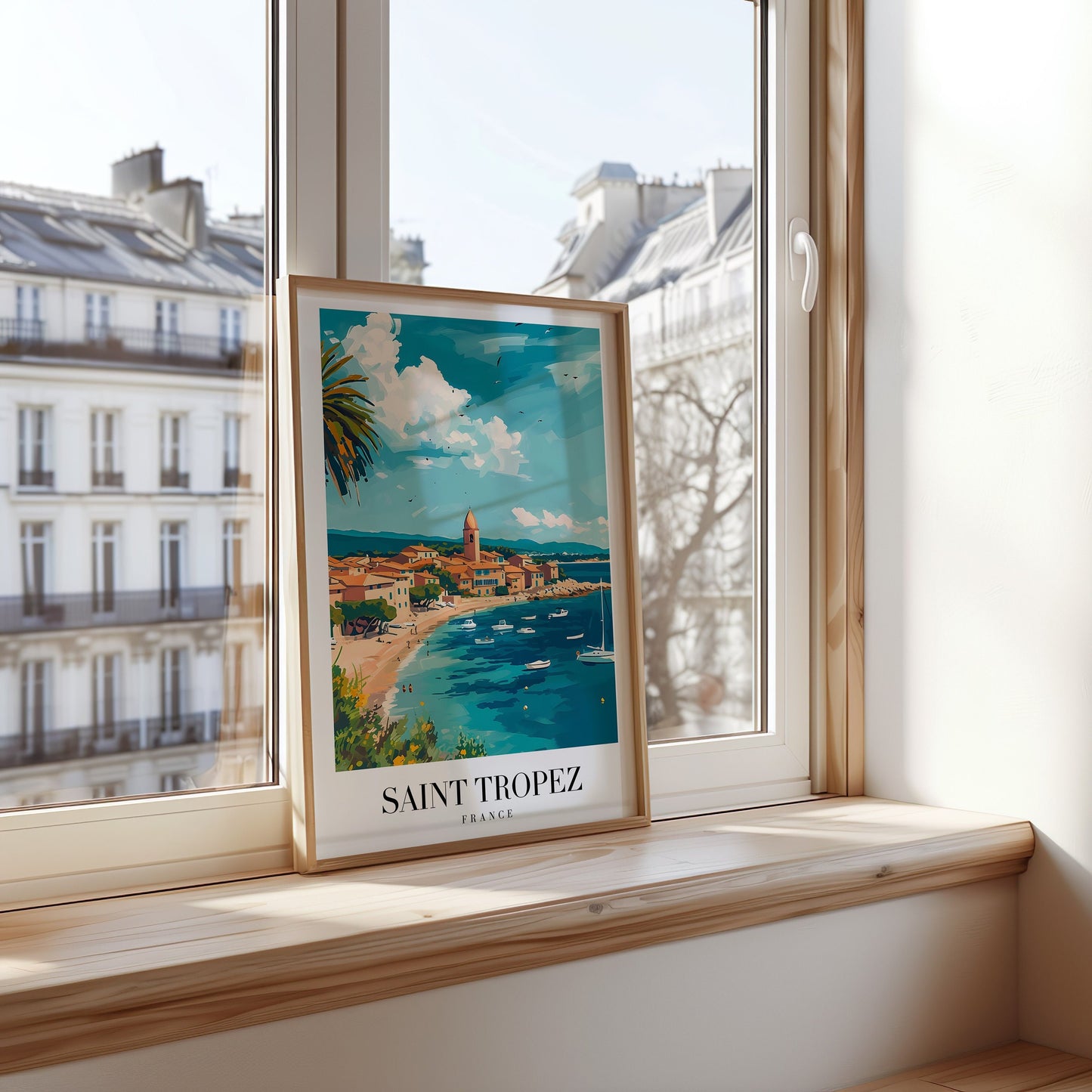 A framed poster of Saint Tropez, showcasing its picturesque coastal town, boats docked along the shore, and stunning blue skies, ideal for adding Mediterranean charm to your home decor.