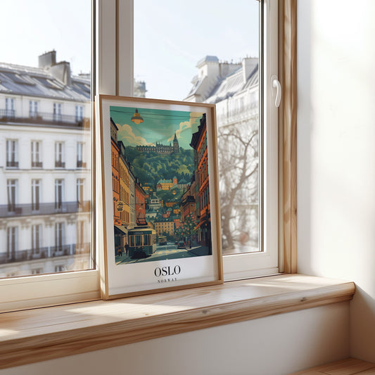 A vibrant Oslo poster featuring a picturesque city street with historic buildings and lush green hills in the background, representing the charm of the Norwegian capital.