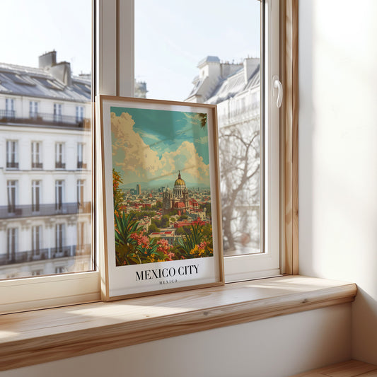 A vibrant poster of Mexico City featuring its iconic skyline with historic buildings and lush greenery, framed by a bright blue sky and scattered clouds.