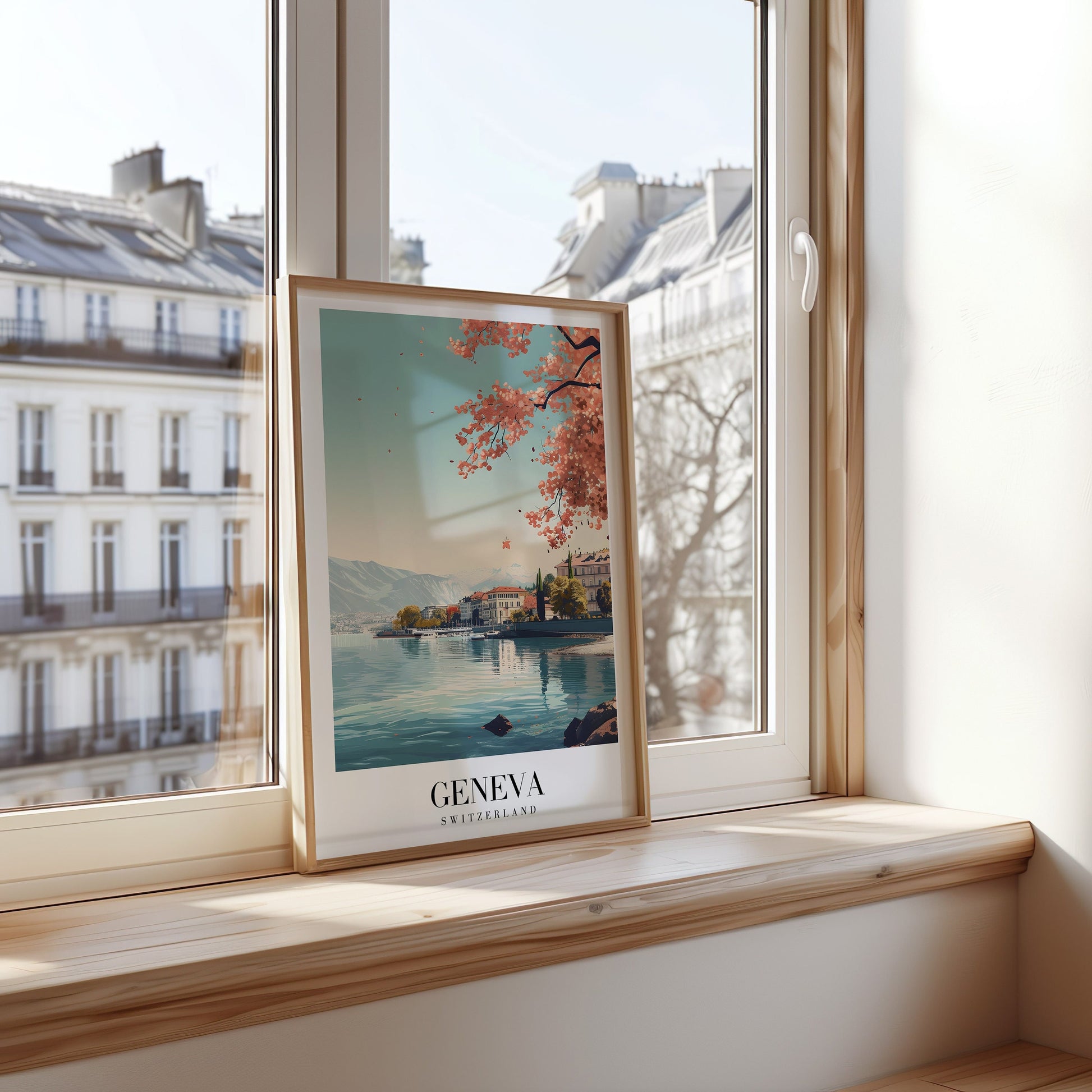 A picturesque poster of Geneva, Switzerland, featuring Lake Geneva with the Swiss Alps in the background and cherry blossoms hanging over the calm water.