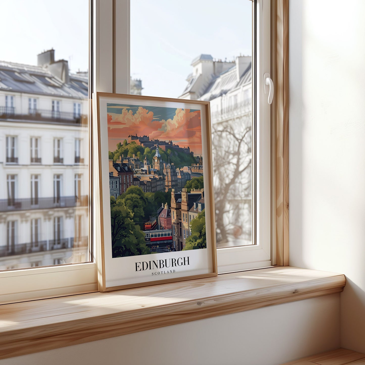 A beautiful poster of Edinburgh, Scotland, featuring the iconic Edinburgh Castle at sunset with lush greenery and historic buildings in the foreground.