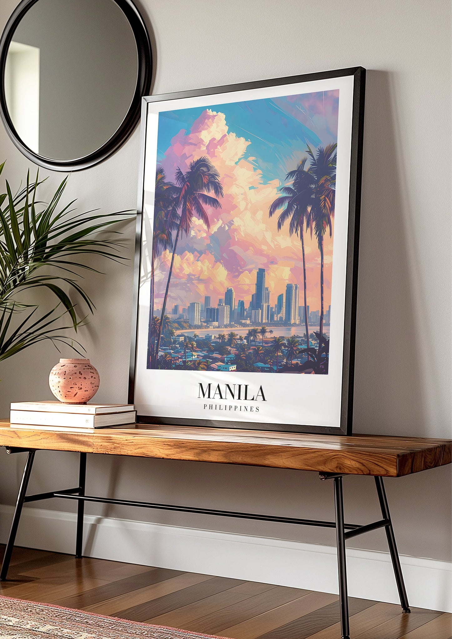 Manila Poster, Philippines City Art, Manila Skyline Print, Tropical Palm Tree Wall Decor,Manila Sunset Artwork, Southeast Asia Travel Poster