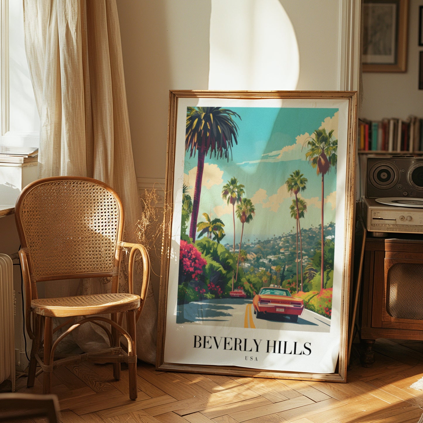 Beverly Hills Poster, California City Art, Palm Tree Scenic Print, Classic Car Artwork, Los Angeles Wall Decor, Hollywood Hills Poster