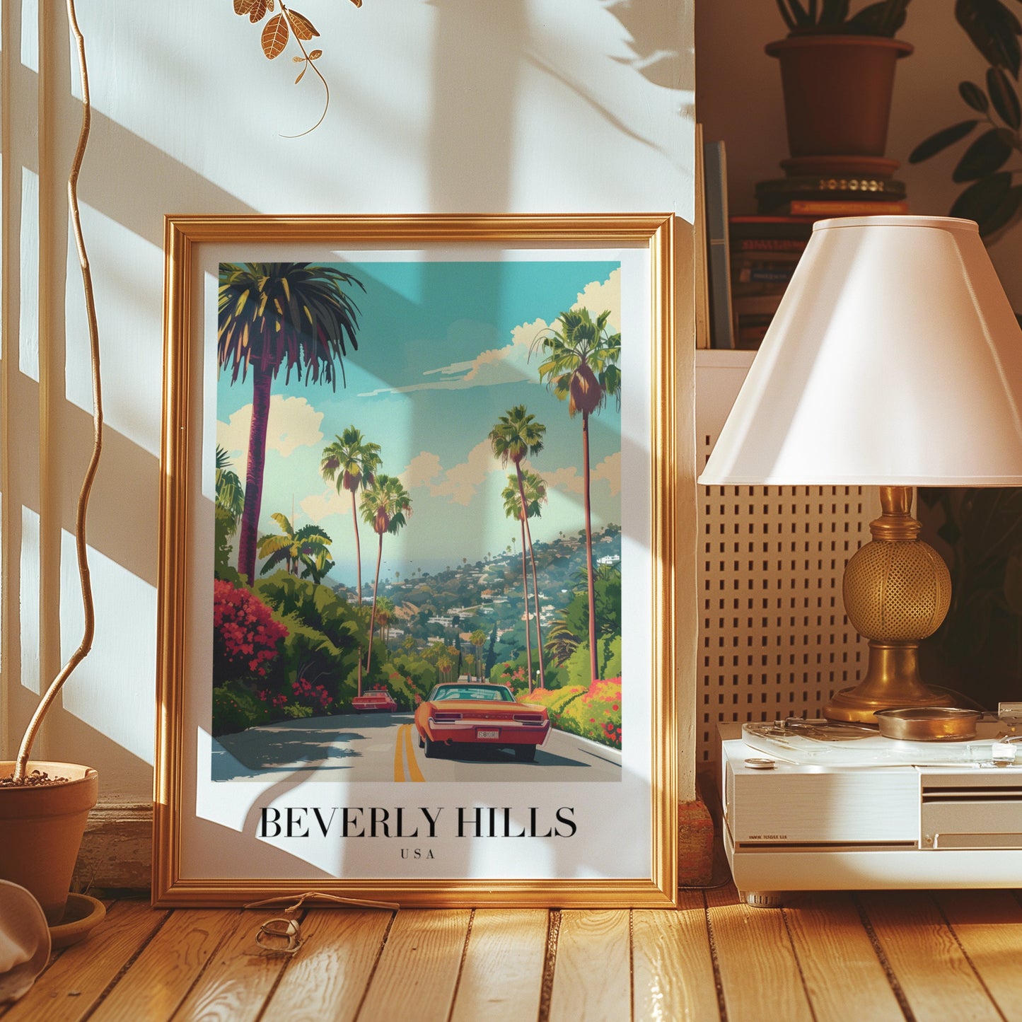 Beverly Hills Poster, California City Art, Palm Tree Scenic Print, Classic Car Artwork, Los Angeles Wall Decor, Hollywood Hills Poster