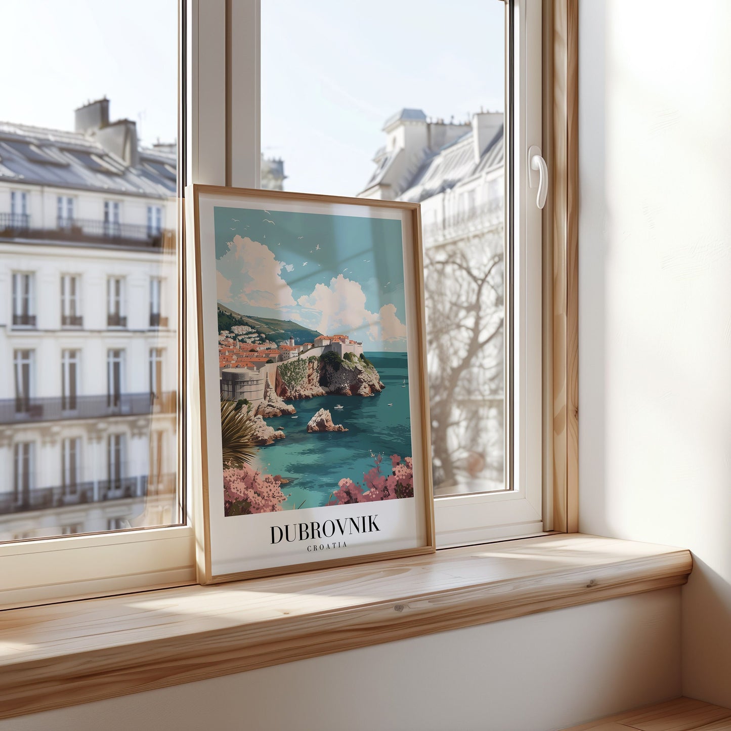 A scenic poster of Dubrovnik’s historic Old Town, with fortified city walls overlooking the crystal-clear Adriatic Sea, under a bright blue sky.