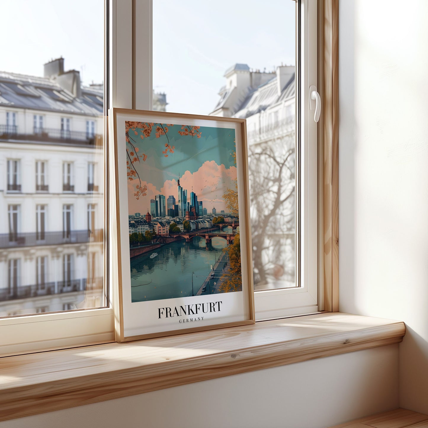 A vibrant poster showcasing the Frankfurt skyline, with the city&#39;s modern skyscrapers reflected on the River Main, framed by autumn foliage.