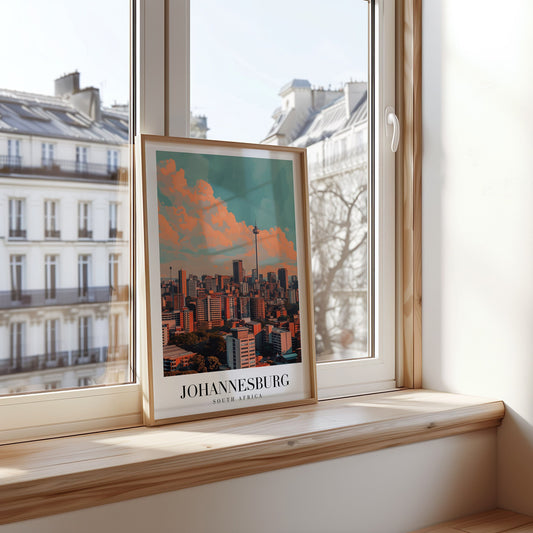 A detailed poster showcasing Johannesburg&#39;s skyline with iconic towers and high-rise buildings under vibrant, colorful clouds, representing the heart of South Africa&#39;s urban scene.