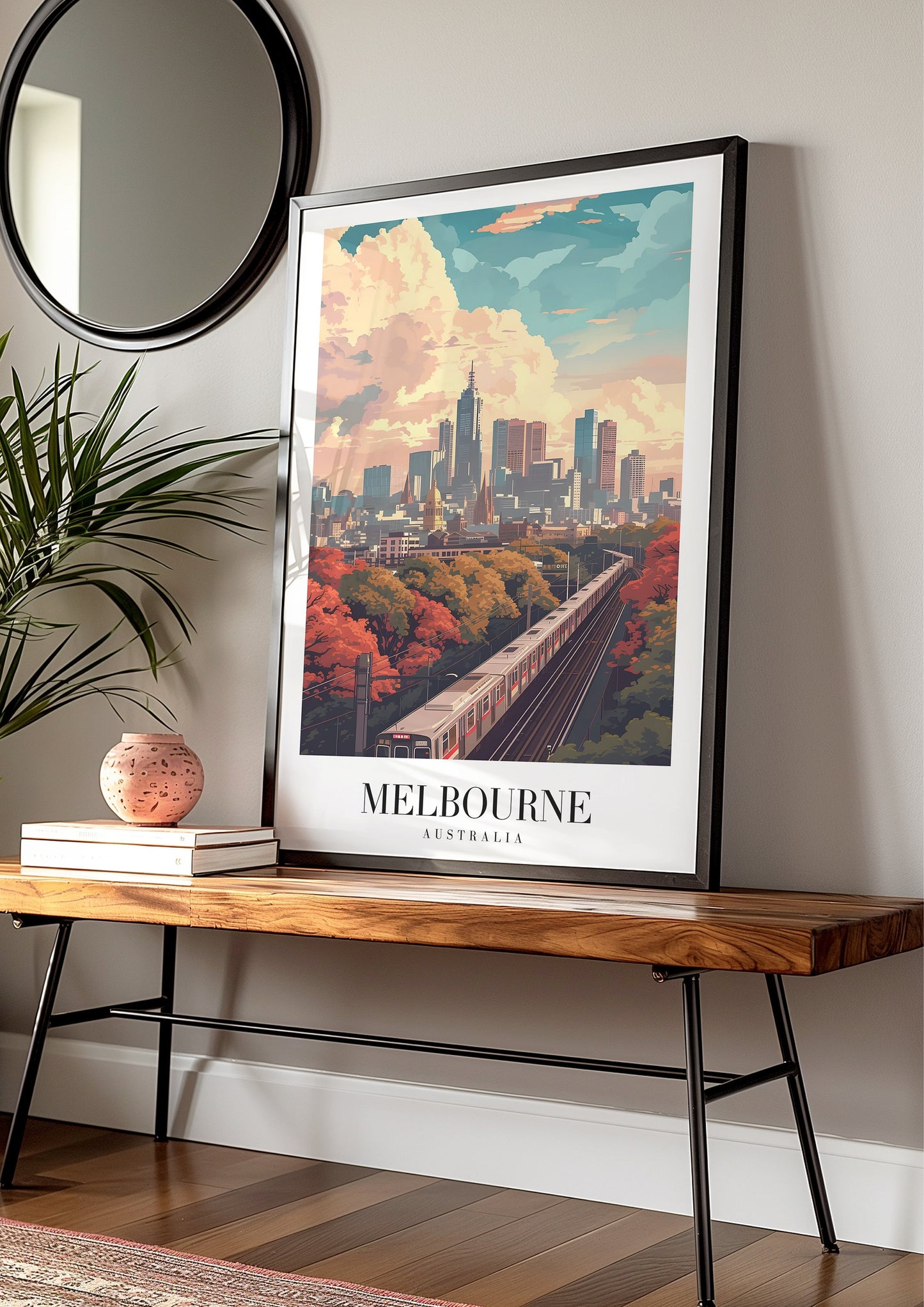 Melbourne City Poster, Australia Wall Art, Melbourne Skyline Print, Autumn Cityscape Decor, Train City View Art, Travel Poster, City Poster