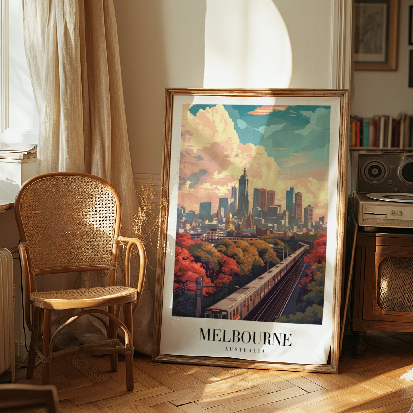 Melbourne City Poster, Australia Wall Art, Melbourne Skyline Print, Autumn Cityscape Decor, Train City View Art, Travel Poster, City Poster