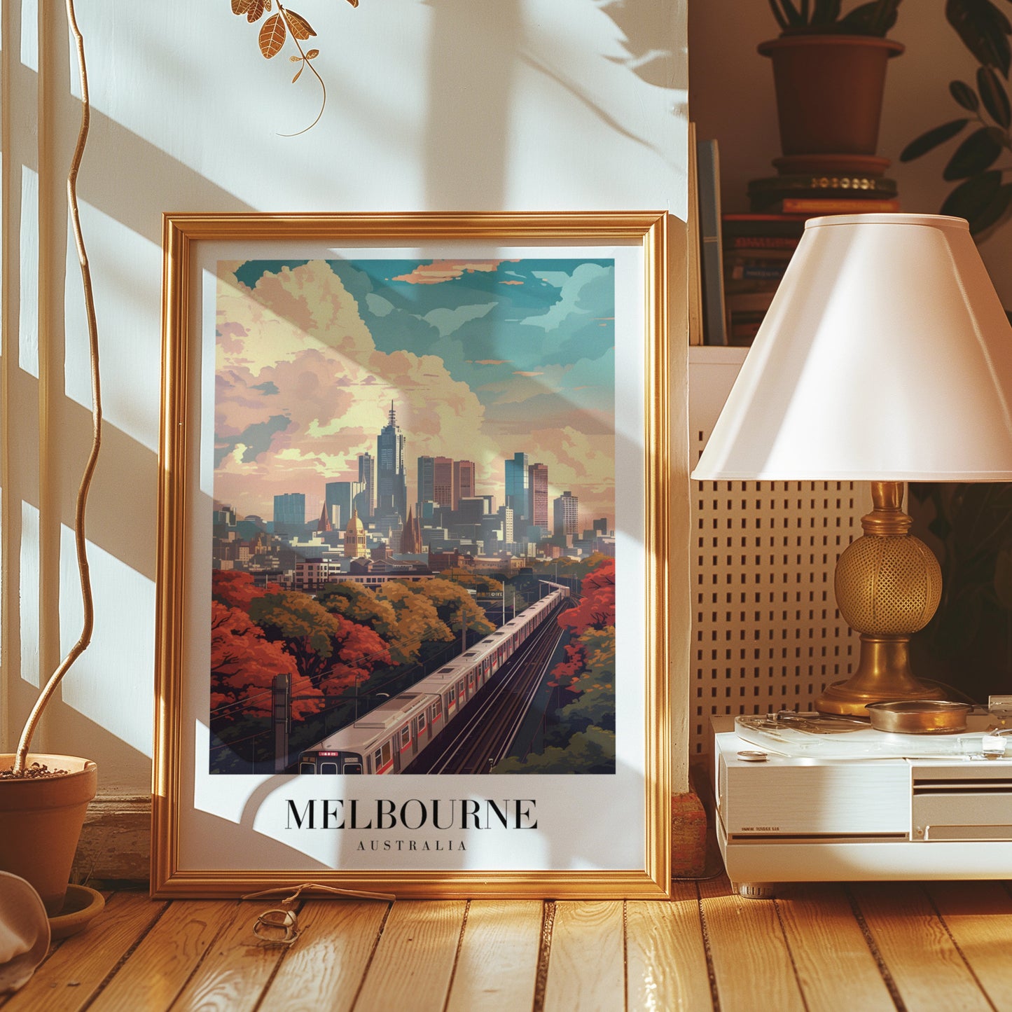 Melbourne City Poster, Australia Wall Art, Melbourne Skyline Print, Autumn Cityscape Decor, Train City View Art, Travel Poster, City Poster