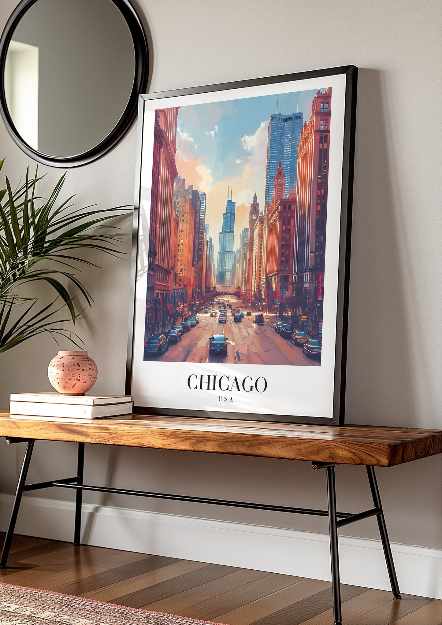 Chicago USA Poster, Urban Cityscape Art Print, Windy City Wall Art, Chicago Travel Poster, City Decor, Skyscraper Print, City Poster