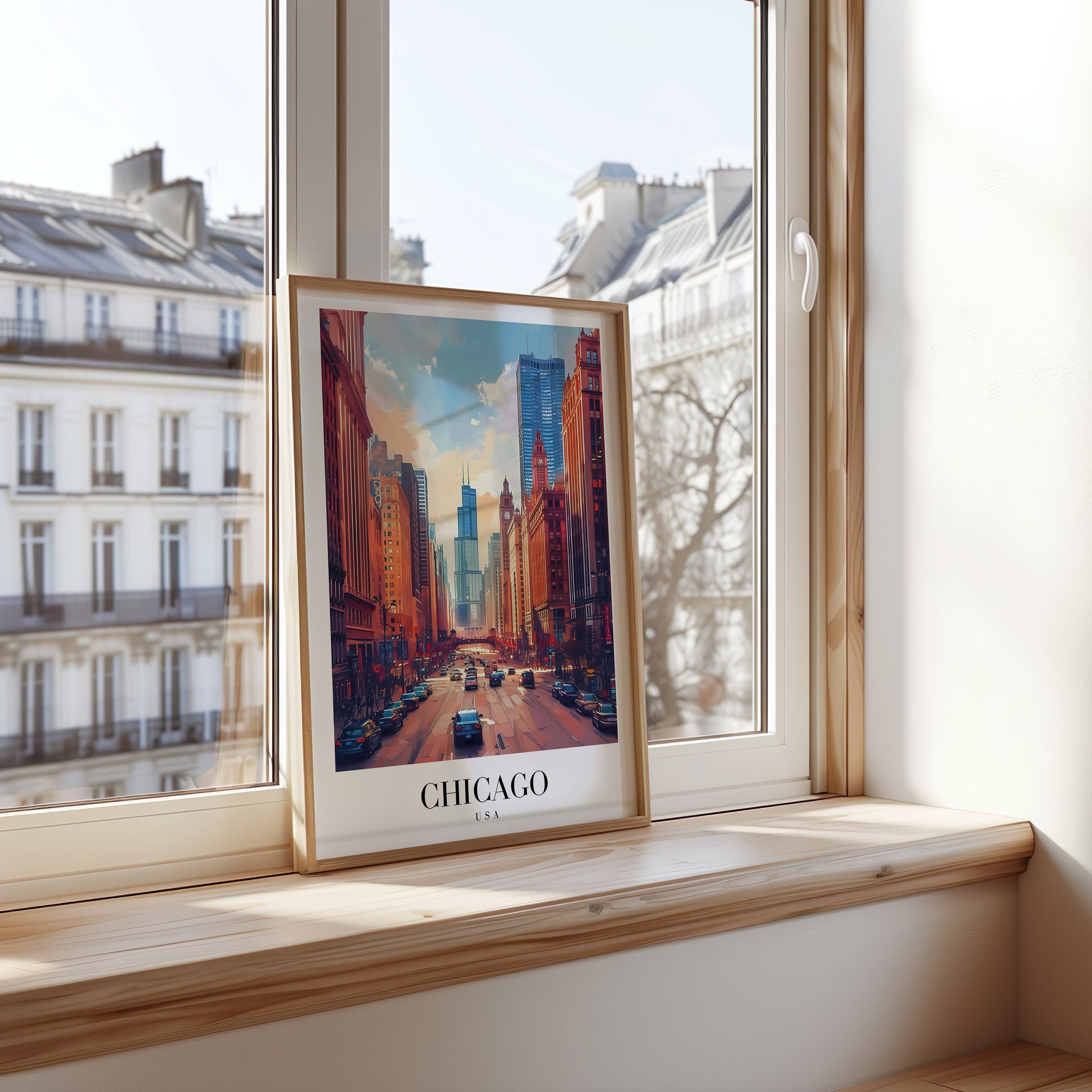 A vibrant poster showcasing the cityscape of Chicago, USA, with towering skyscrapers and bustling city streets, capturing the essence of urban life.