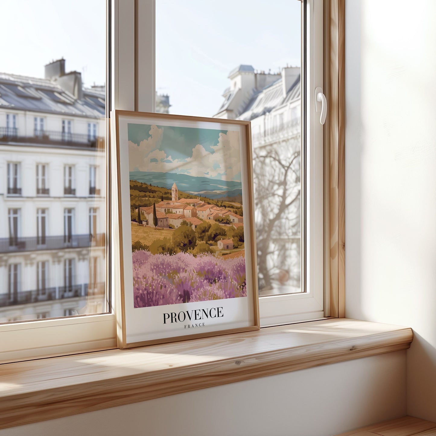 A beautiful poster showcasing the scenic lavender fields and charming countryside of Provence, France, under a bright sky.