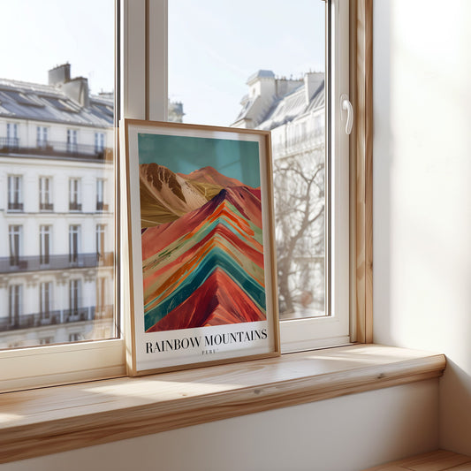 A vibrant poster showcasing the strikingly colorful layers of the Rainbow Mountains in Peru, with sharp, angular peaks against a clear sky.