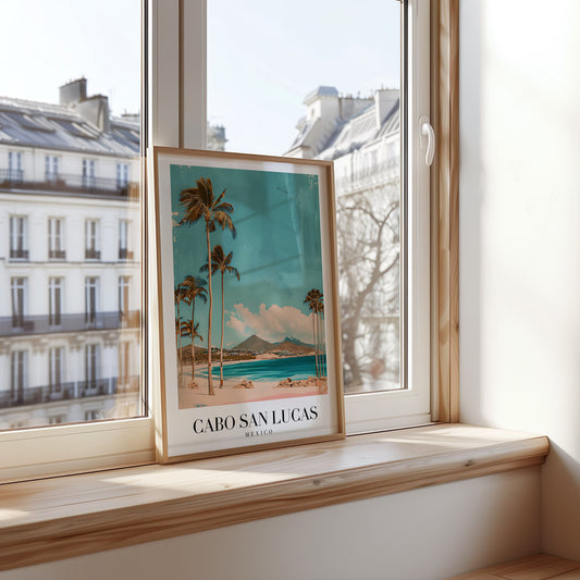 A stunning poster featuring the skyline of Panama City, with a serene beach in the foreground framed by a tall palm tree, under a soft sunset sky.