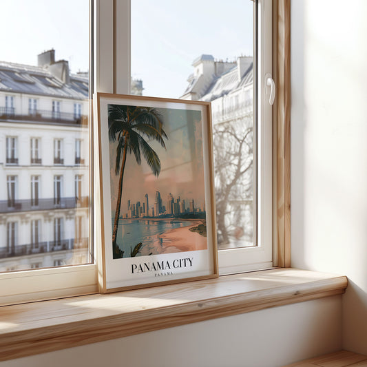 A stunning poster featuring the skyline of Panama City, with a serene beach in the foreground framed by a tall palm tree, under a soft sunset sky.