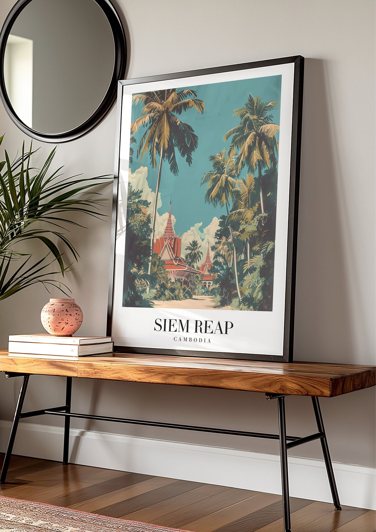 Siem Reap Cambodia Temple Poster, Southeast Asia Travel Print, Palm Trees Landscape, Siem Reap Wall Art, Angkor Wat Decor, Cambodia Poster