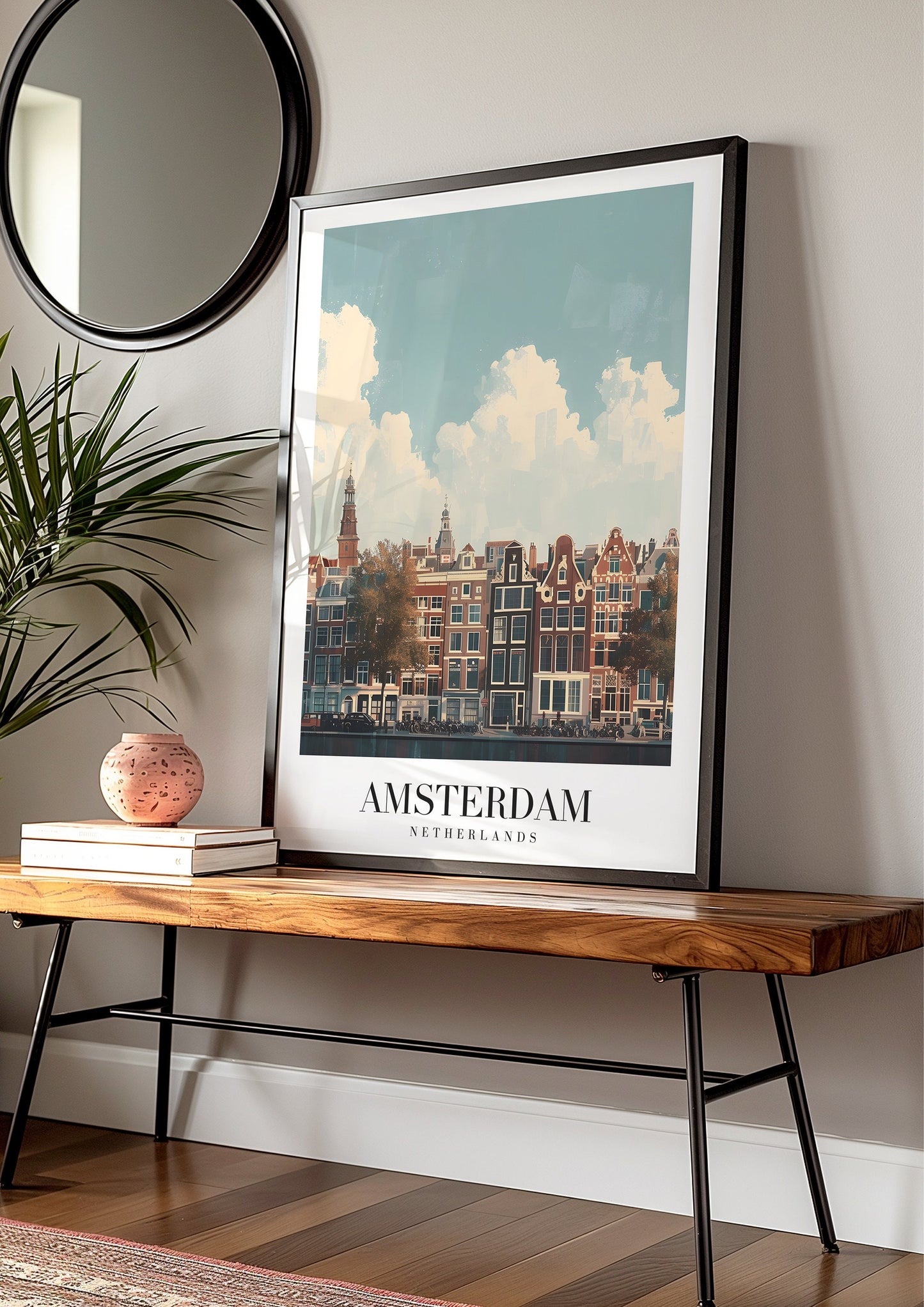 Amsterdam Netherlands Travel Poster, Scenic City Canal Print, Dutch Architecture Wall Art, Amsterdam Canal Illustration, Netherlands Poster