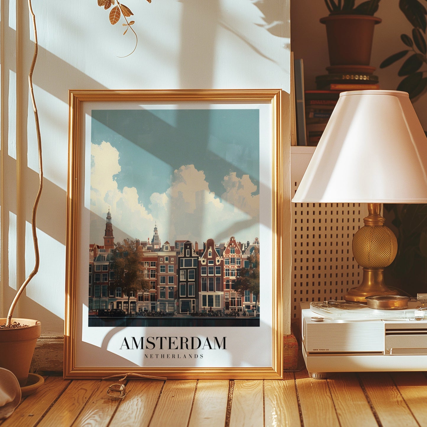 Amsterdam Netherlands Travel Poster, Scenic City Canal Print, Dutch Architecture Wall Art, Amsterdam Canal Illustration, Netherlands Poster