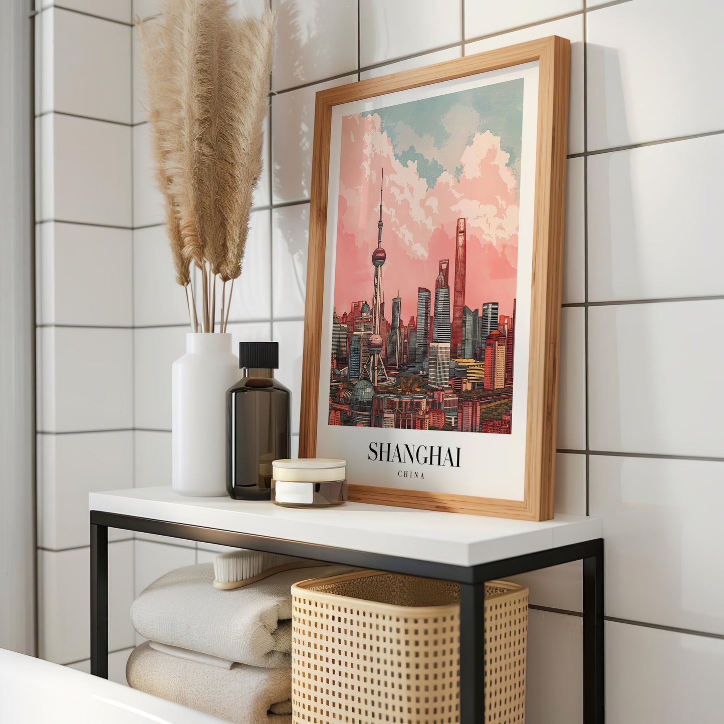 Shanghai China Skyline Poster, Modern City Wall Art, Shanghai Skyscrapers Print, Oriental Pearl Tower Illustration, China Cityscape Poster