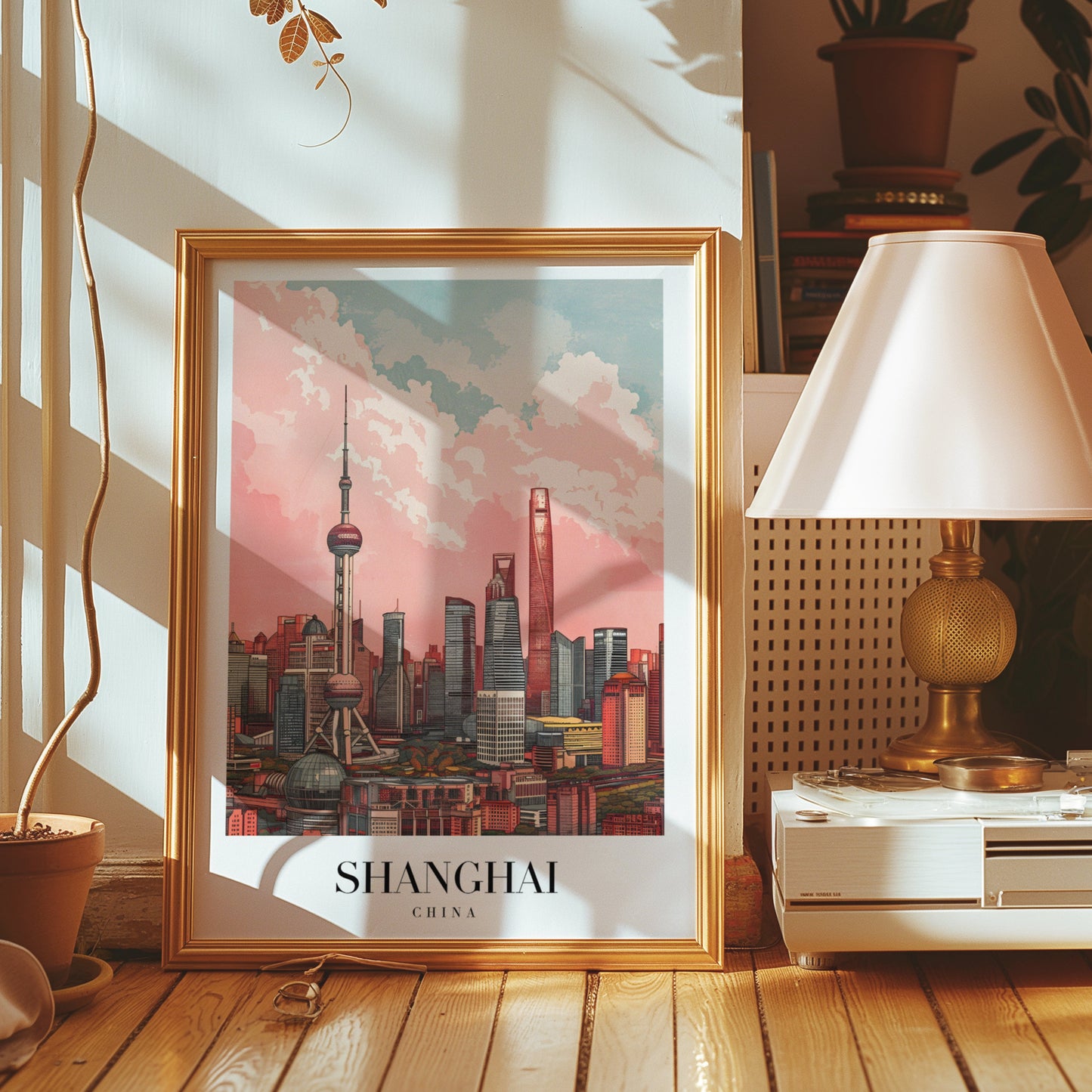 Shanghai China Skyline Poster, Modern City Wall Art, Shanghai Skyscrapers Print, Oriental Pearl Tower Illustration, China Cityscape Poster