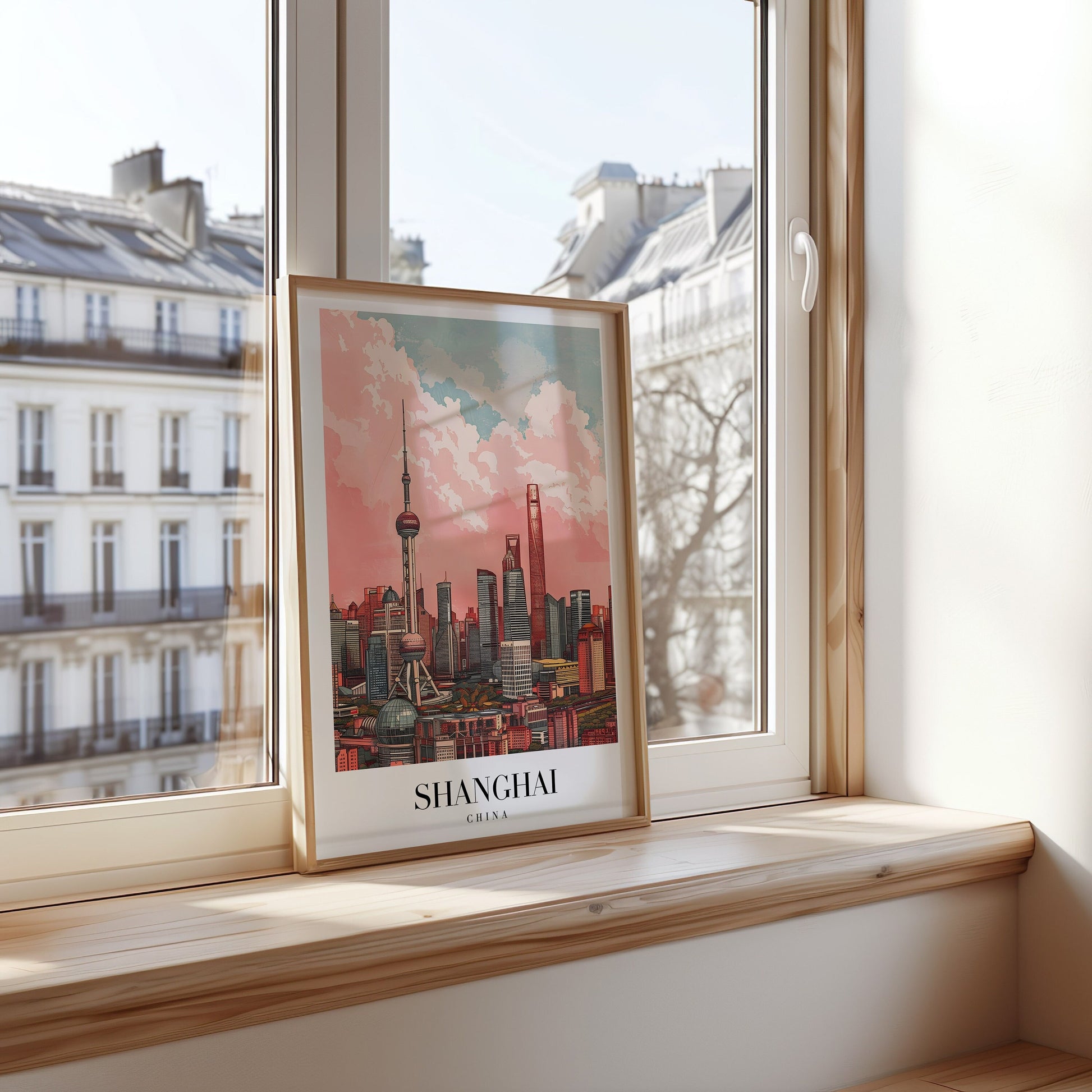 A colorful poster of Shanghai, China, showcasing the iconic skyline with the Oriental Pearl Tower and other skyscrapers under a pink and blue sky.