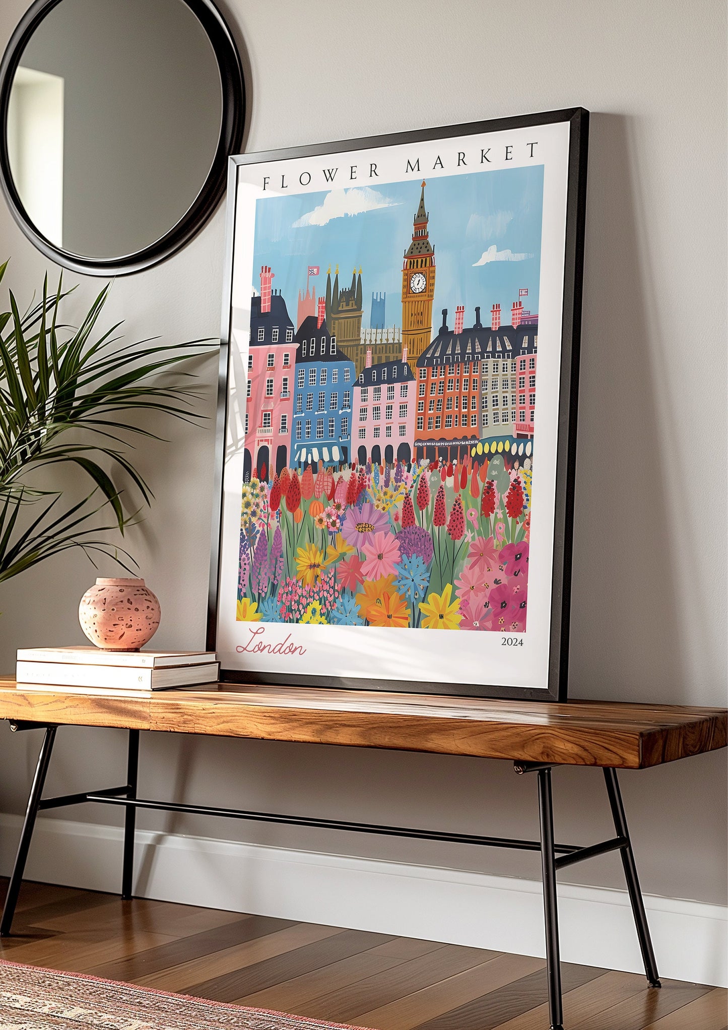 London  Flower Market Poster, British Market Street Art, London Wall Decor, Big Ben Floral Market Illustration, UK Flower Market Print