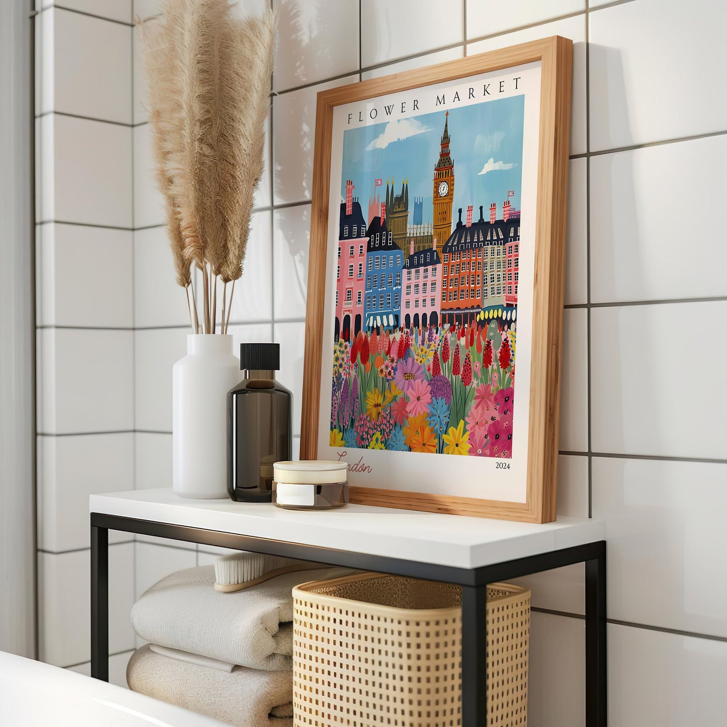 London  Flower Market Poster, British Market Street Art, London Wall Decor, Big Ben Floral Market Illustration, UK Flower Market Print