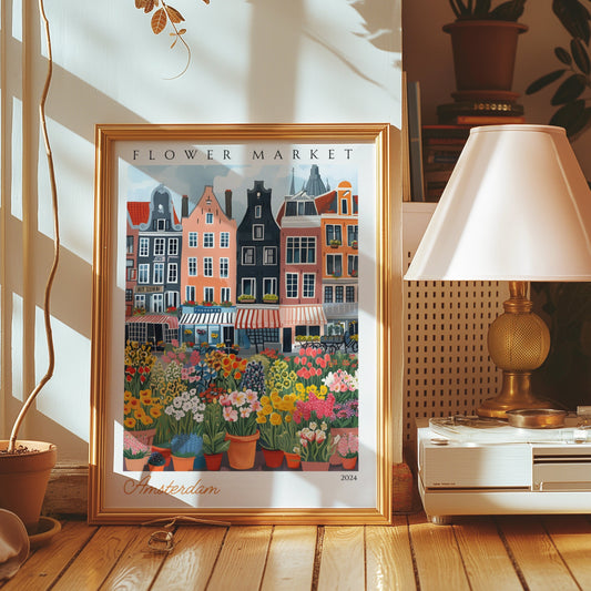 Amsterdam Flower Market Poster, Dutch Market Street Art, Amsterdam Wall Decor, Colorful Floral Market Illustration, Holland Flower Market