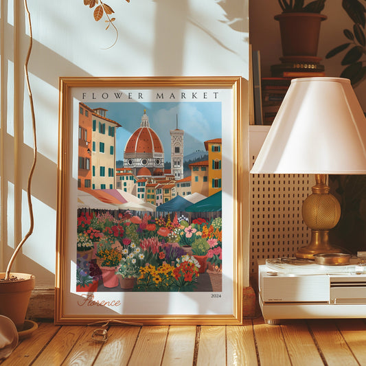 A vibrant poster of Florence&#39;s flower market, with colorful flower stalls in the foreground and the iconic Florence Duomo in the background.