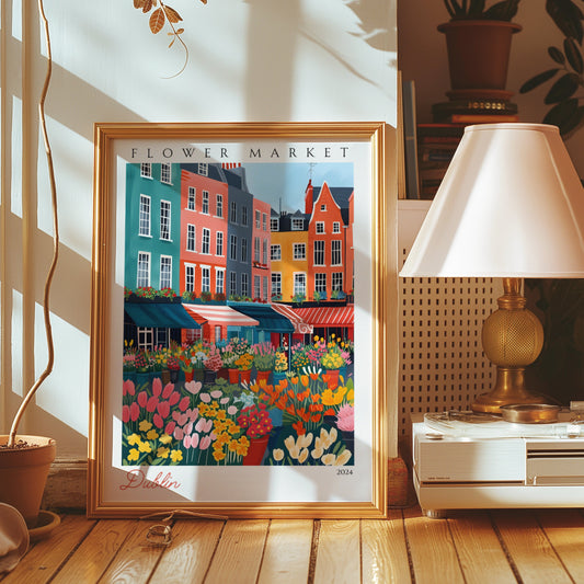 A bright and vibrant illustration of Dublin’s flower market, showcasing colorful buildings and a rich display of flowers in a bustling city street scene.